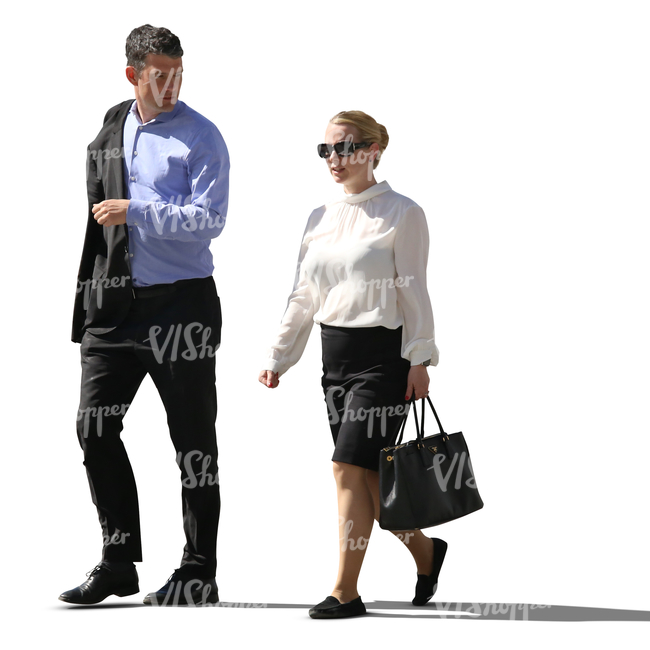businessman and businesswoman walking and talking