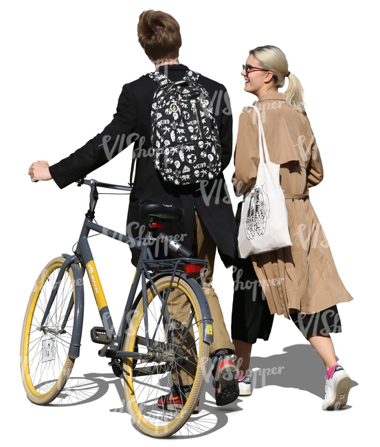 man with a bike walking with a blonde woman