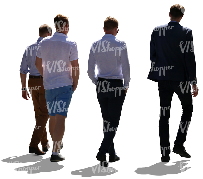 backlit group of four men walking