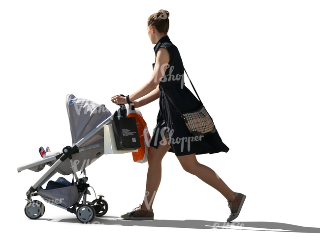 woman in a black dress pushing a baby carriage