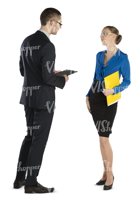 businessman and businesswoman standing and talking