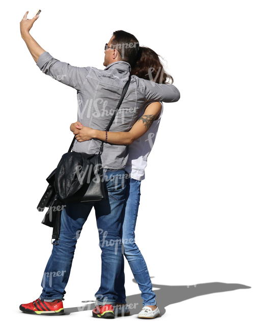 asian couple taking a selfie while hugging each other