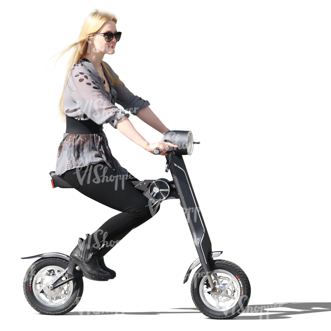 blonde woman riding a trendy scooter