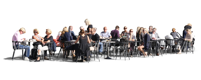 large group of people sitting in a street cafe