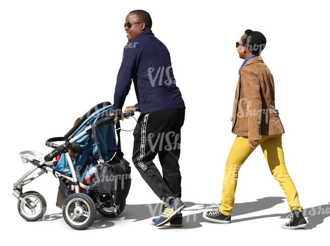 black couple with a baby carriage walking 