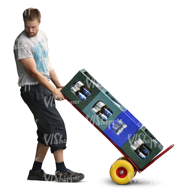 man pulling a pallet truck loaded with bottles