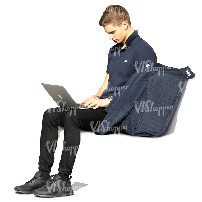 young man sitting on a bench and working on his laptop