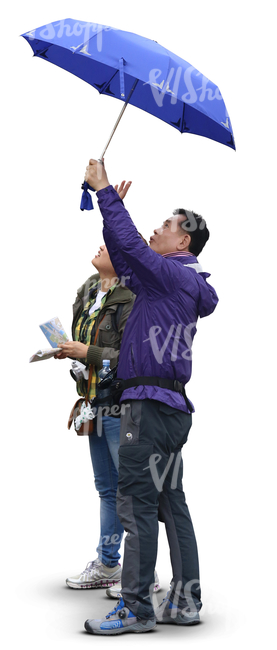 two asian people standing under an umbrella and looking up
