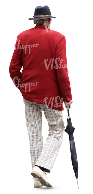elderly gentleman with a hat and umbrella walking