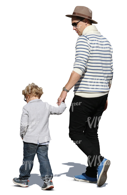 man walking hand in hand with his young son