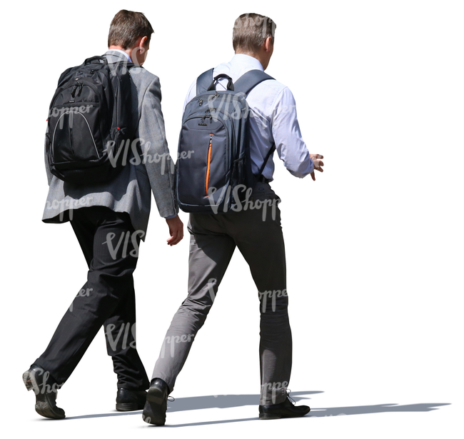 two businessmen with backpacks walking and talking