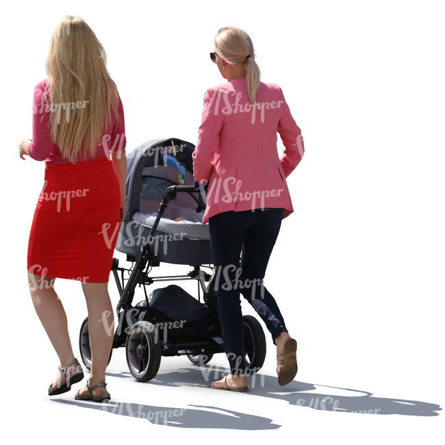 two women walking with a baby carriage