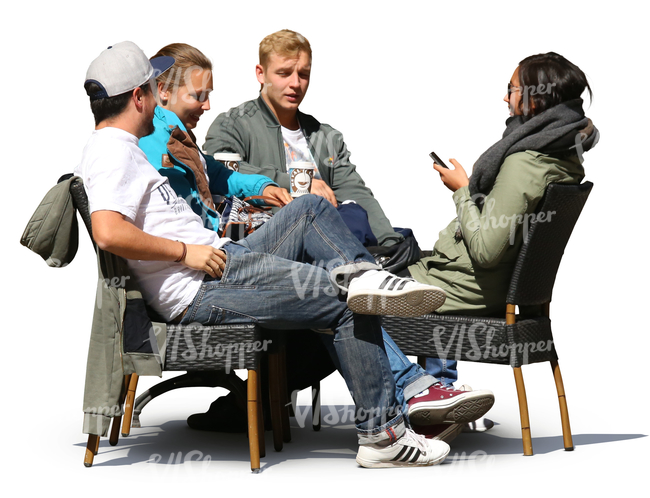 group of young people sitting in a cafe and drinking coffee