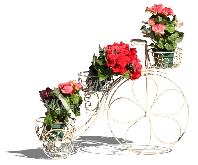 cut out potted flowers arranged on an old bicycle