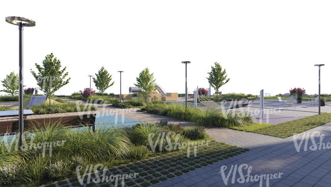 rendered foreground of a pedestrian area with paths and vegetation