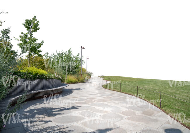 foreground of a path and flowerbed and benches