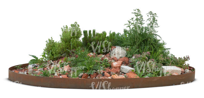 outdoor planter composition with plants, flowers and brick rubble