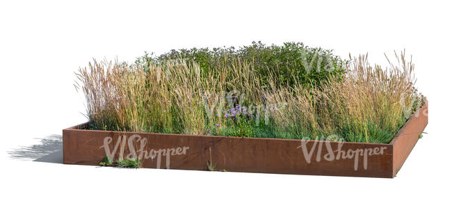 outdoor planter with different plants and grasses
