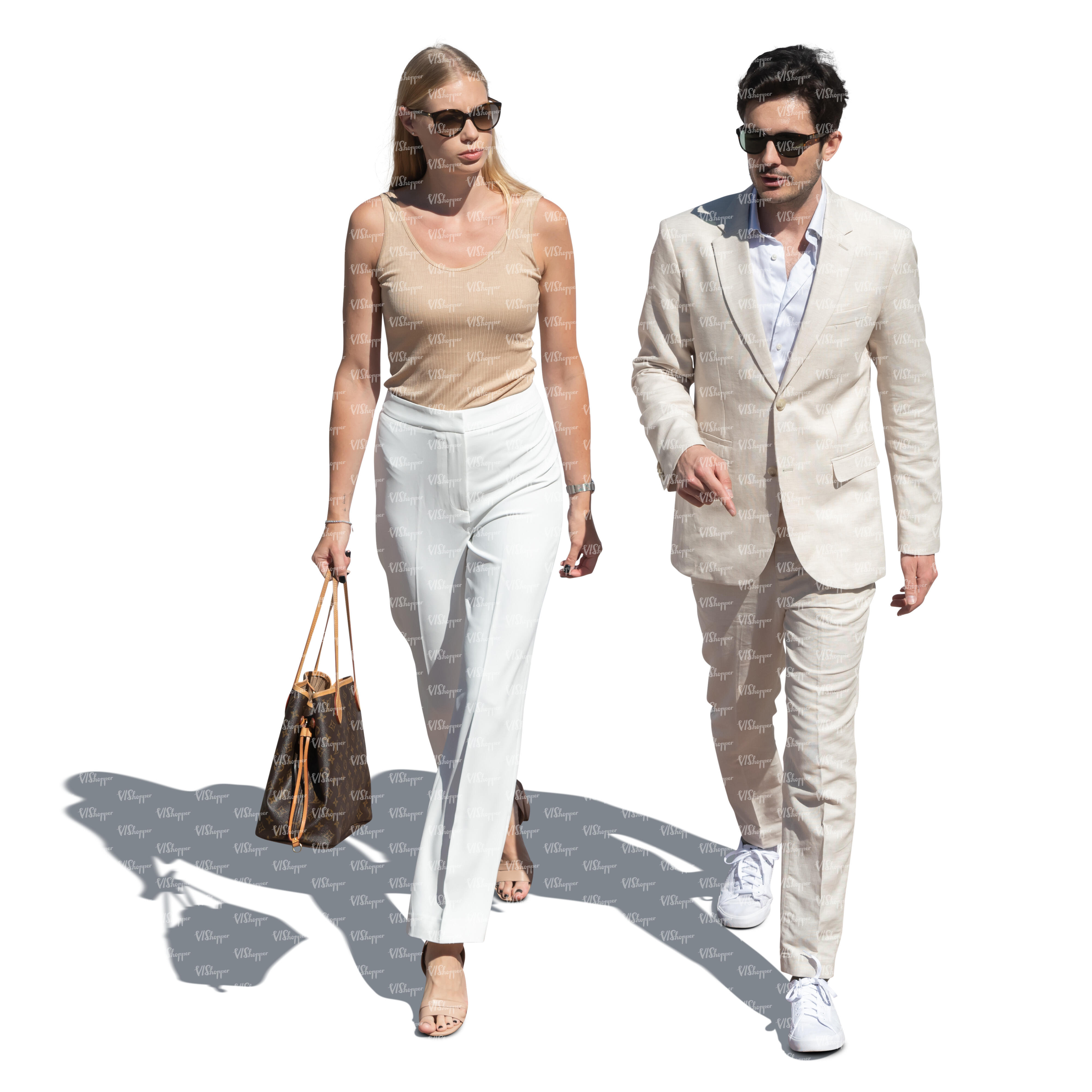 cut out man and woman in light coloured summer outfits walking seen from  above - VIShopper
