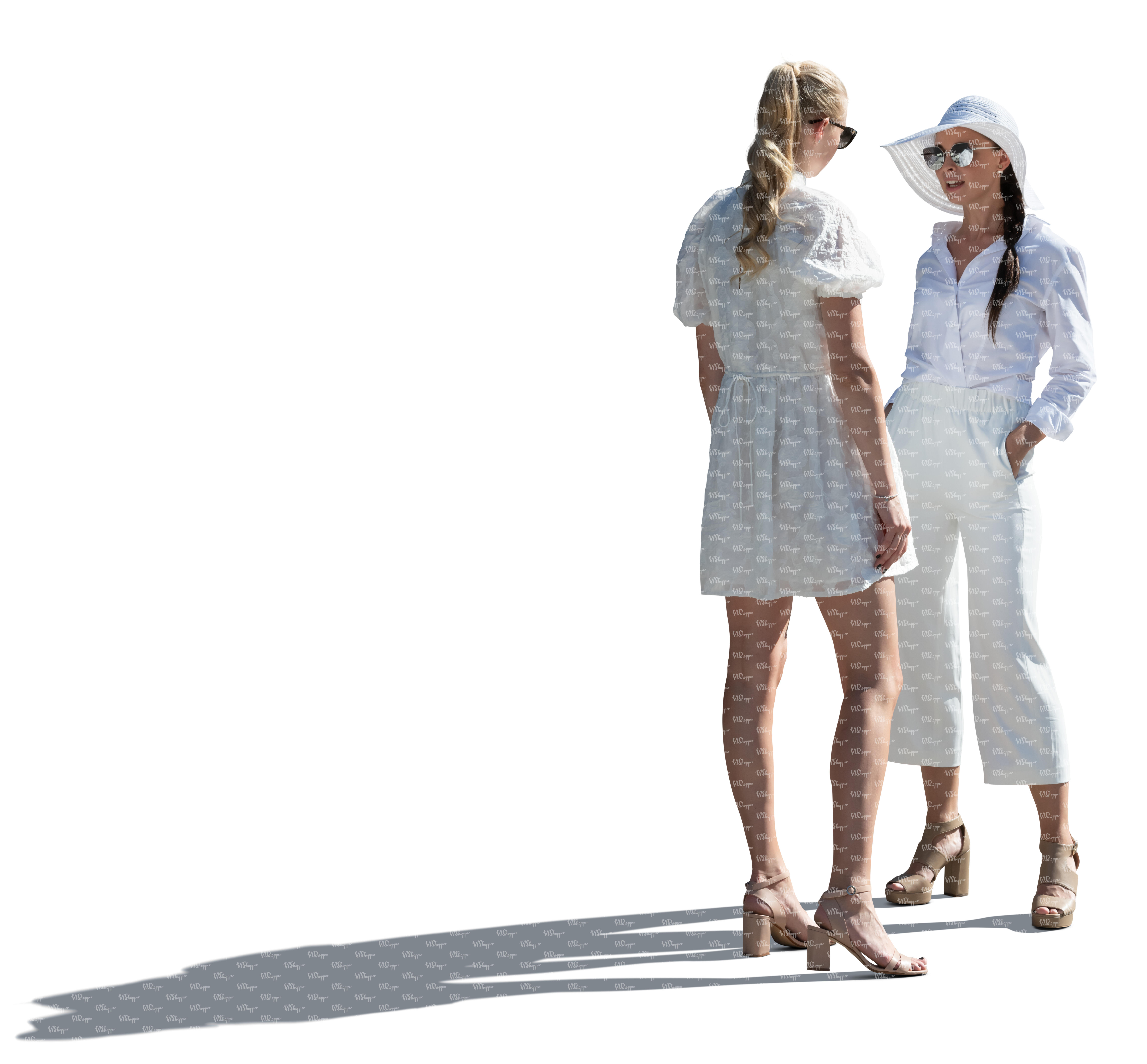 two cut out backlit women in white summer outfits standing and talking -  VIShopper
