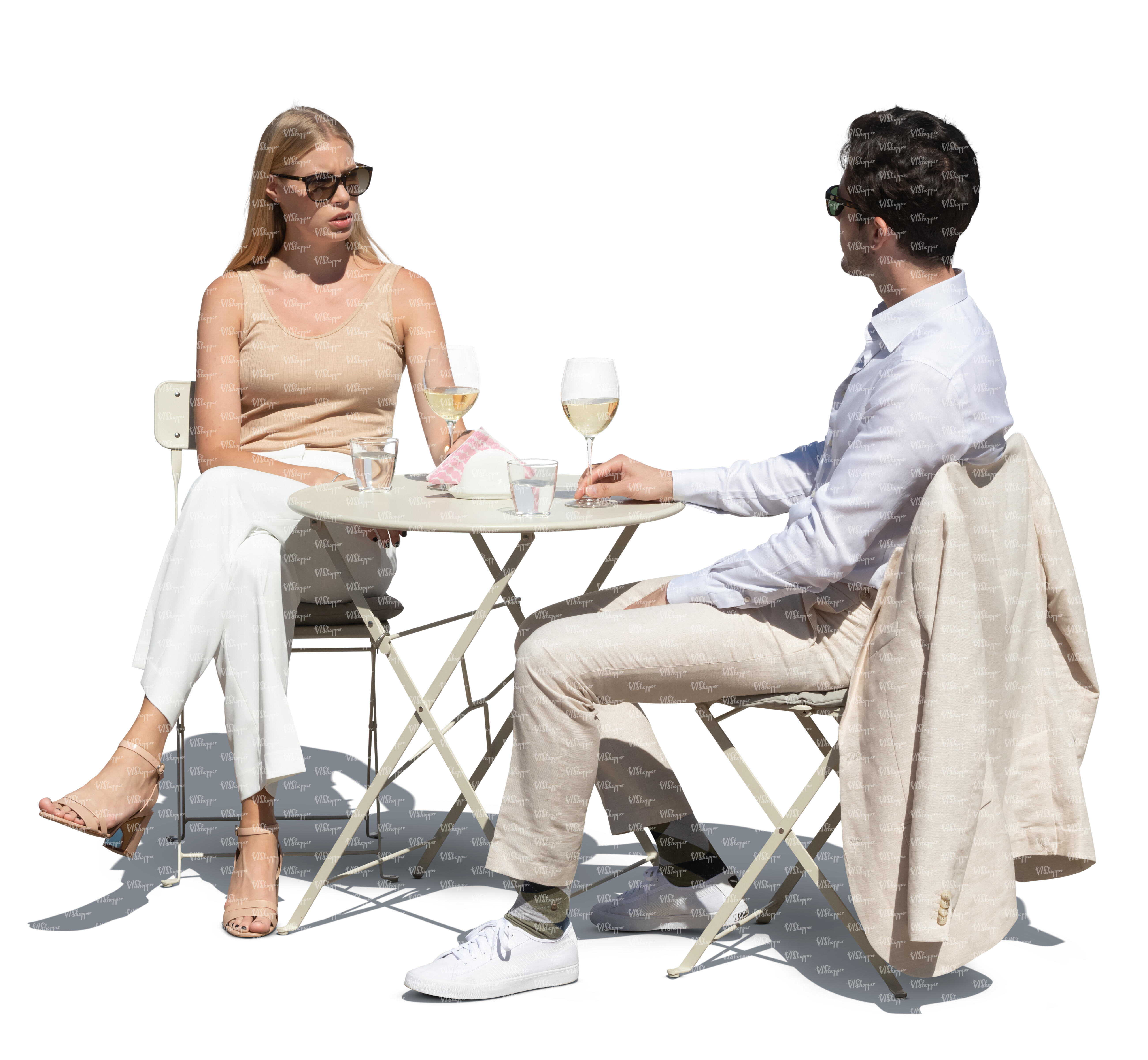 cut out man and woman sitting in a street cafe and drinking wine ...