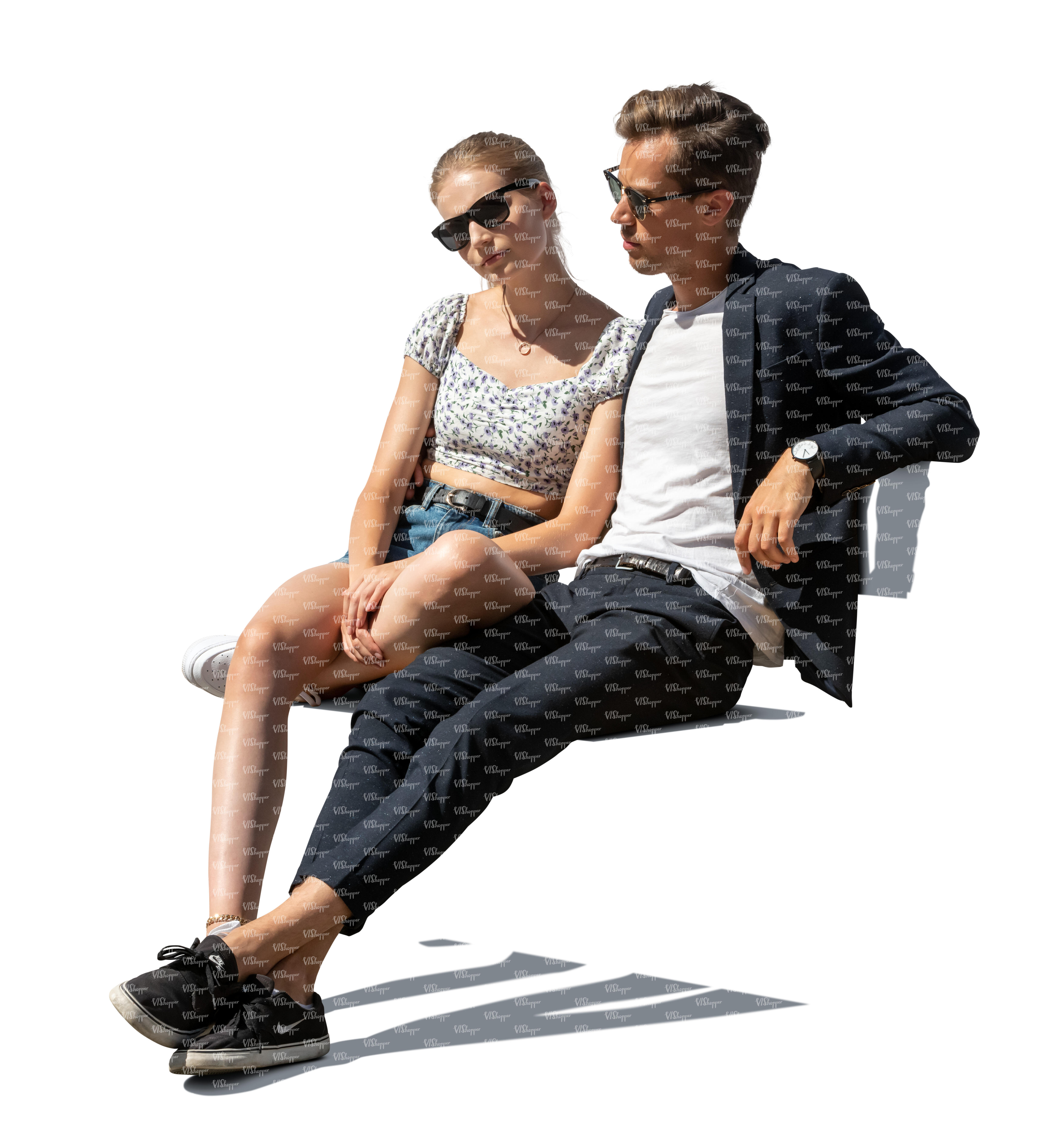 cut out couple sitting on a bench outside in the sun - VIShopper