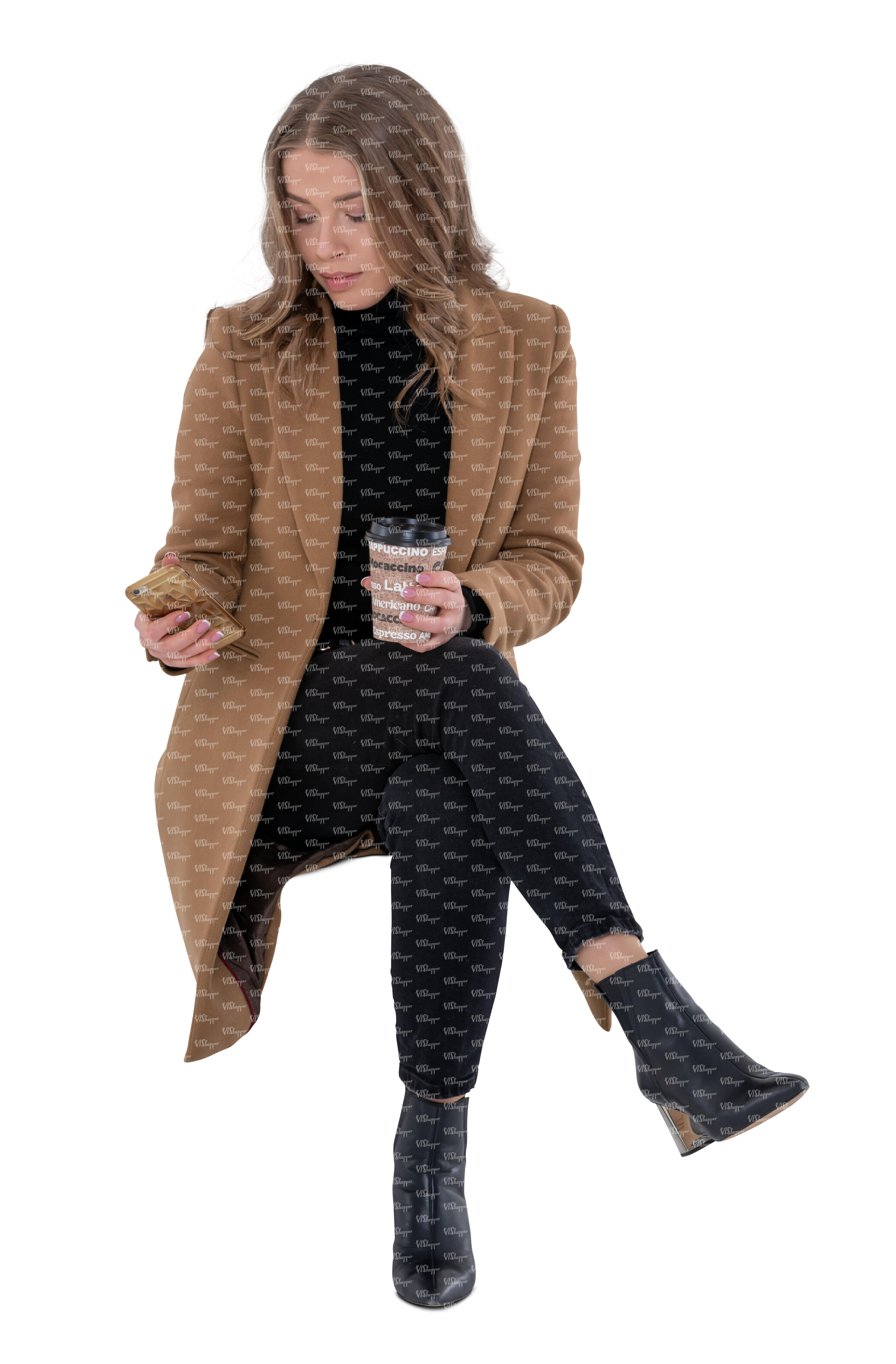 cut out woman in a brown overcoat sitting and drinking coffee - VIShopper