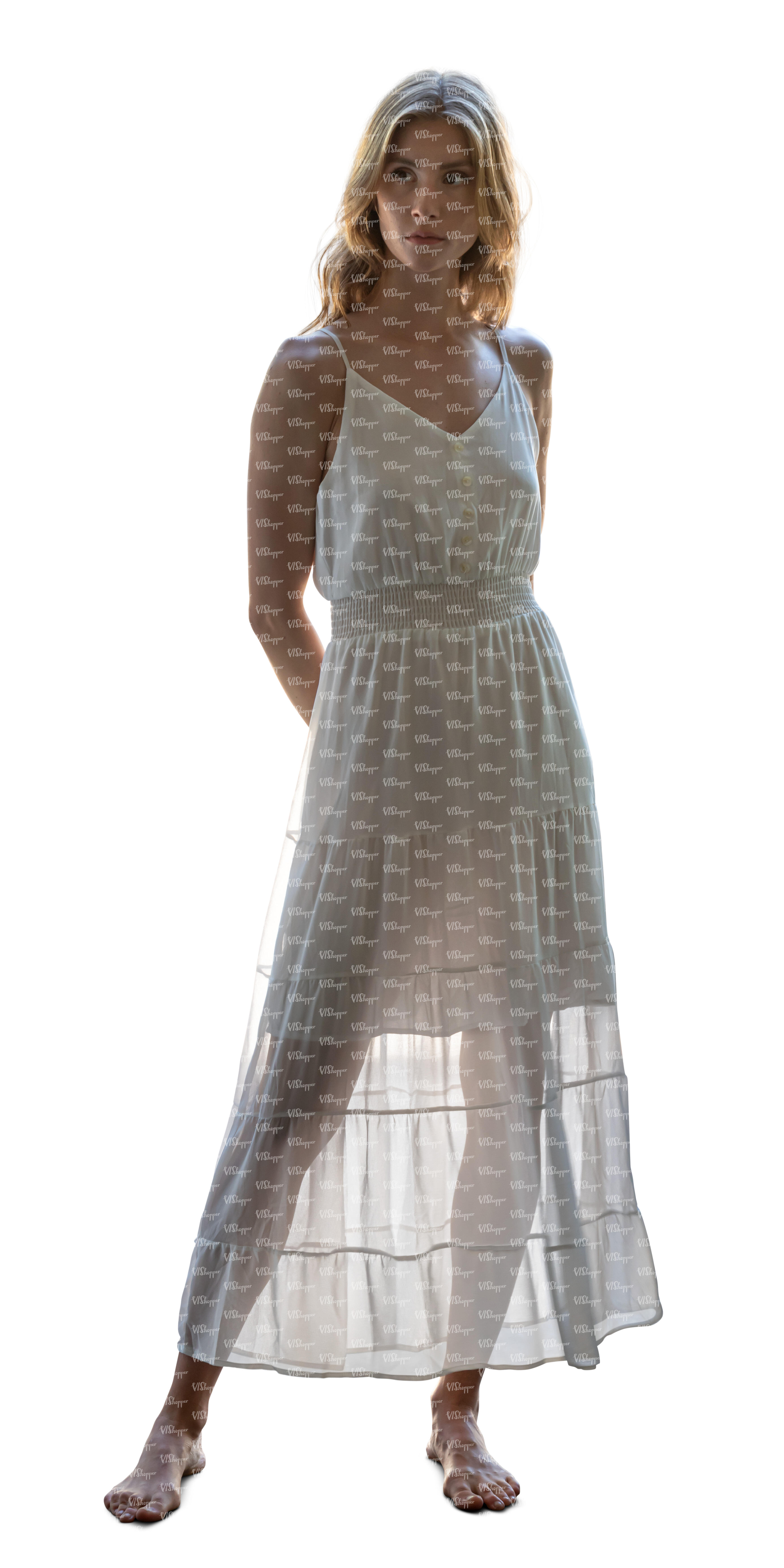backlit woman in white summer dress standing barefoot - VIShopper