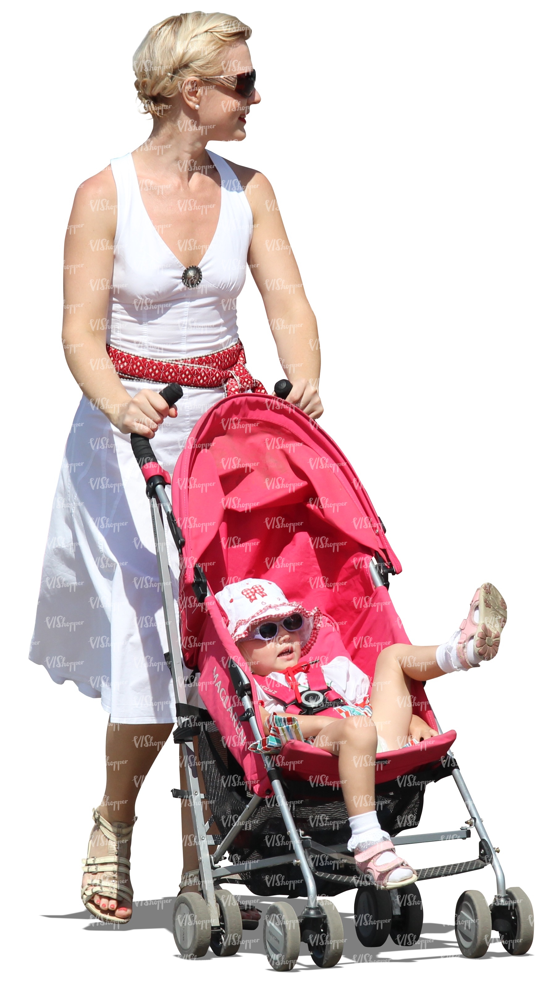 woman in a dress pushing a stroller VIShopper