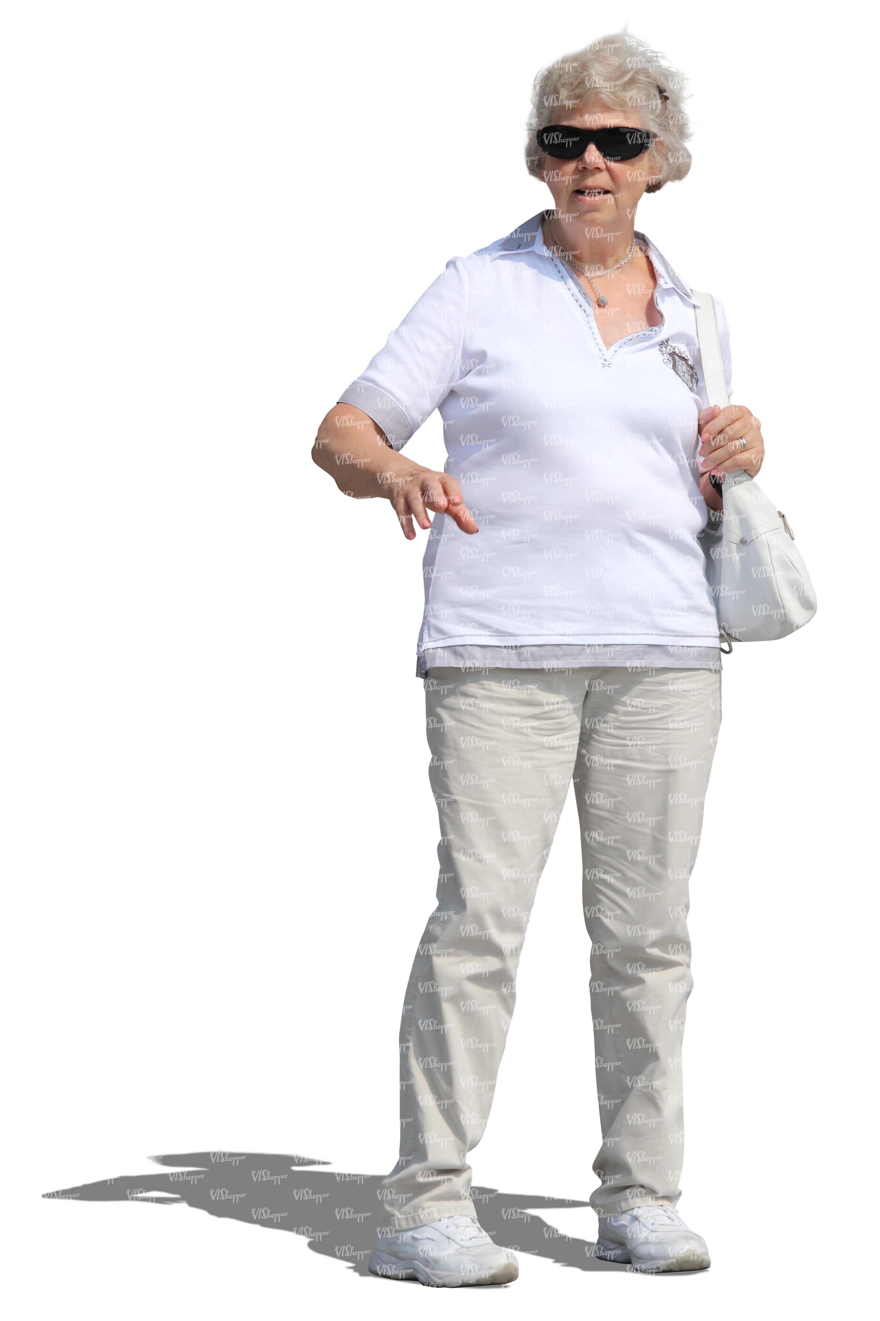 elderly woman in a white outfit standing - VIShopper