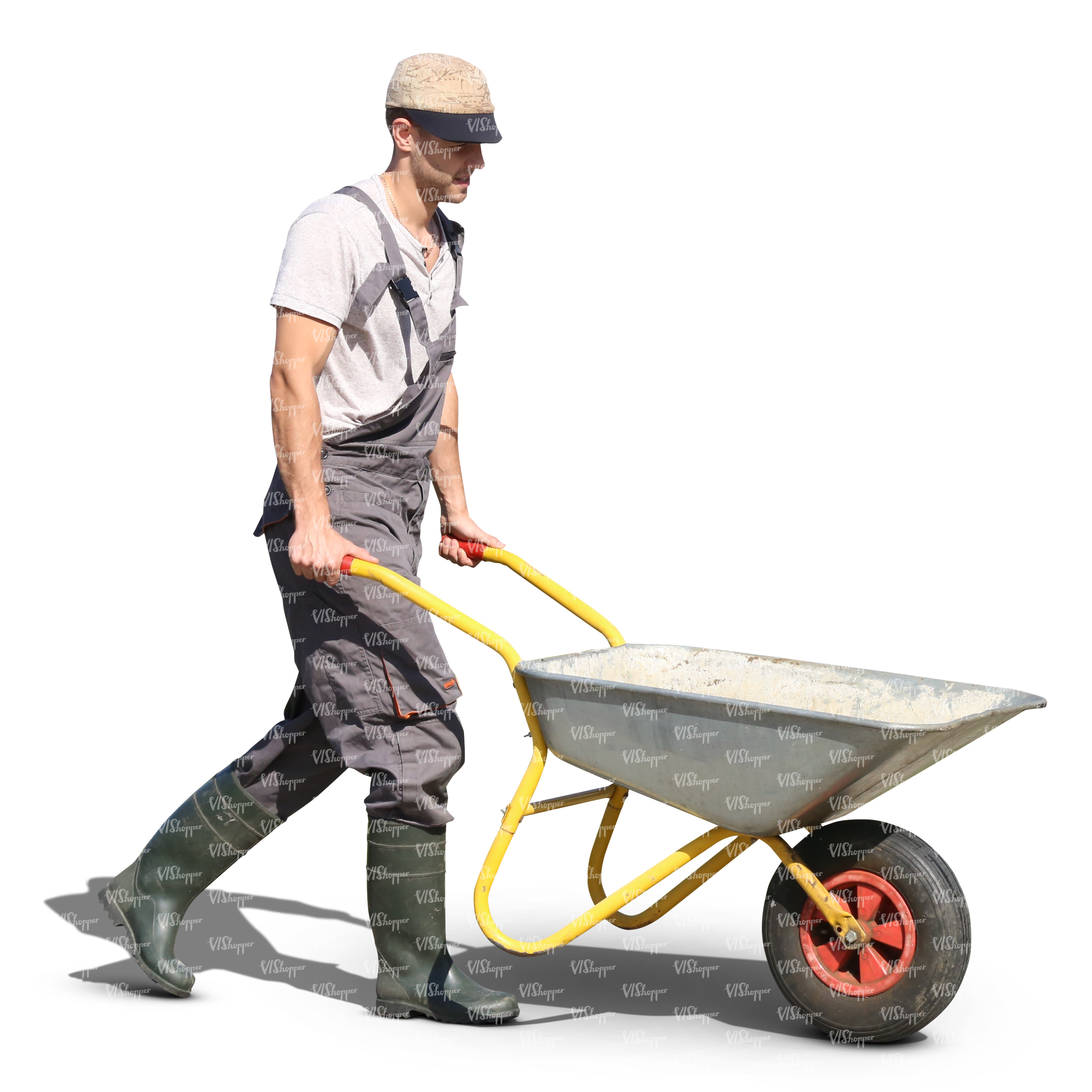 man pushing a wheelbarrow